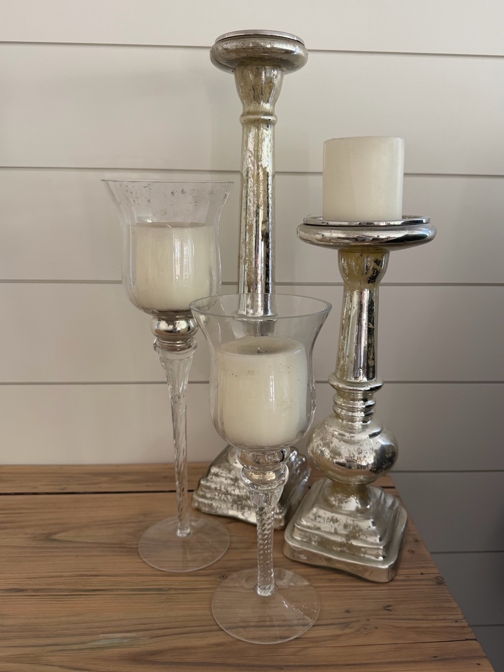 Mercury Glass and Clear Glass Candle Holder Set - Silver and Clear